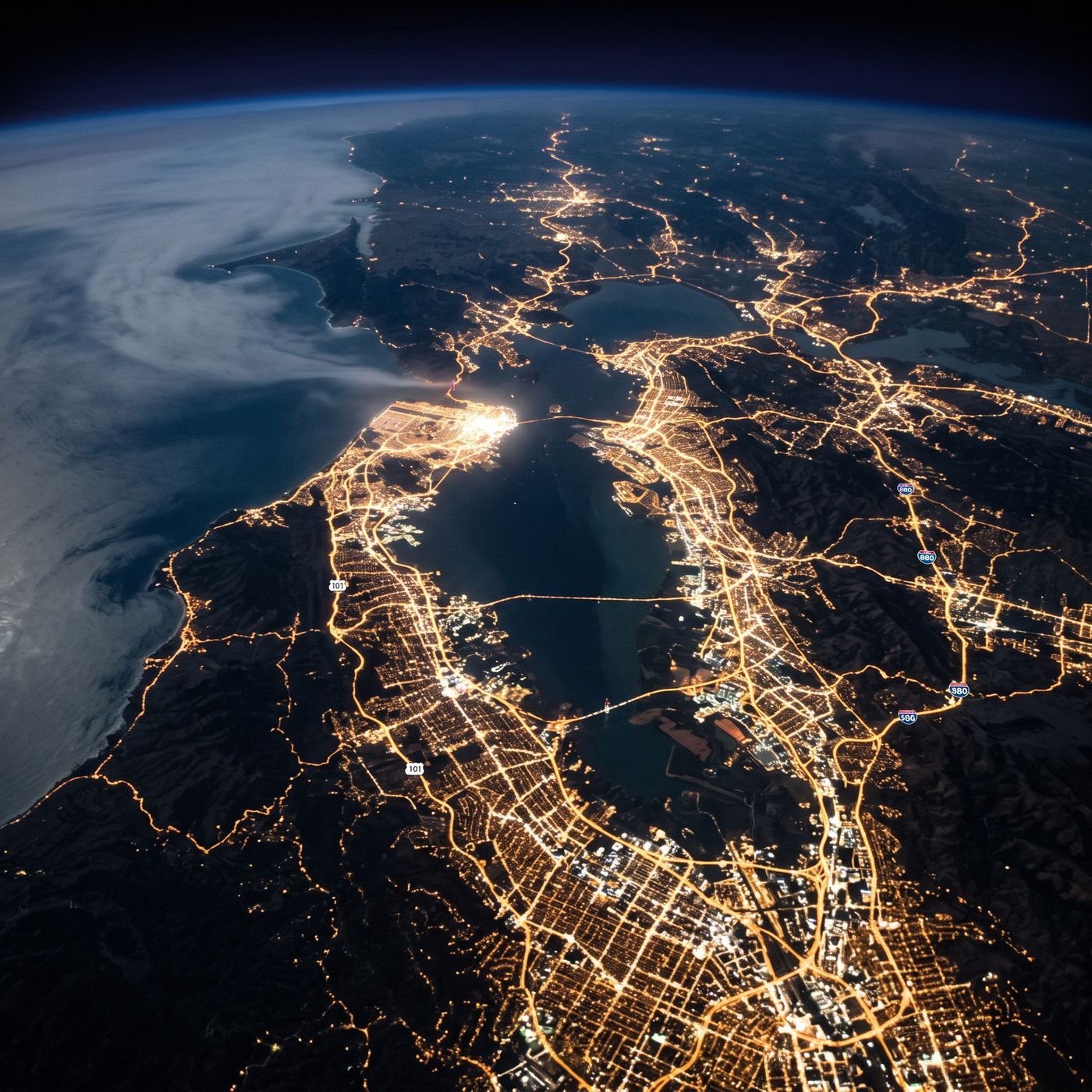 The San Francisco Bay Area at night, seen from orbit, with city lights tracing the shoreline