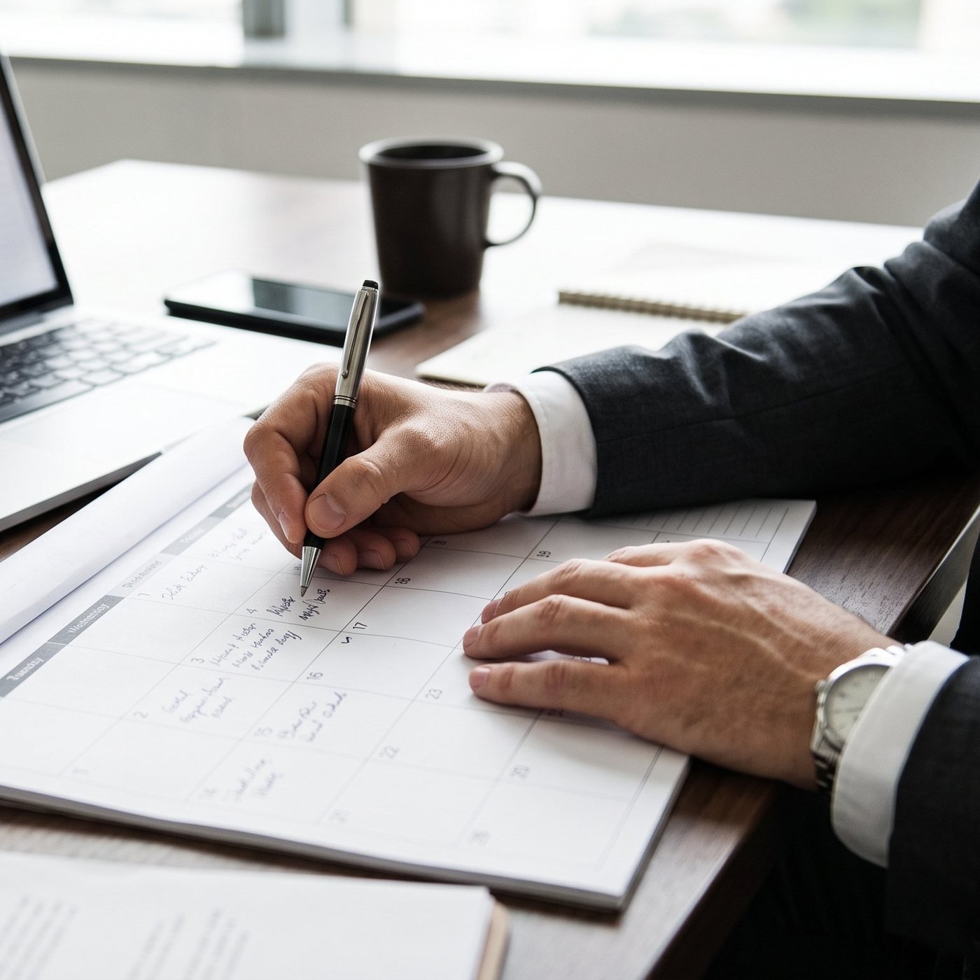 A professional writing appointments into a monthly planner beside a laptop calendar